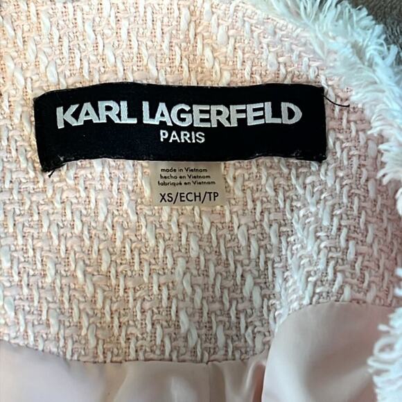 Karl Lagerfeld Open Front Blazer Tweed Pink 100% Cotton Shell Women's Size XS  ! - Picture 3 of 5